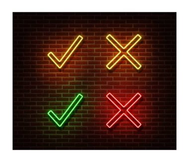 Neon kanıtı, reddedilen işaretler vektör tuğla duvarda izole. Işık sembolü, dekorasyon etkisi kontrol edin. Neon 
