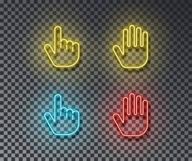 Neon dokunma işaretleri vektör tuğla duvarda izole. Dokunmatik el, parmak ışık sembolü, dekorasyon etkisi. 