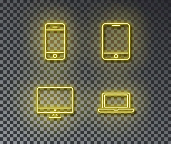Οι πινακίδες της συσκευής νέον απομονώθηκαν σε τοίχο. Τηλέφωνο, smartphone, PK, σύμβολο laptoplight, διακόσμηση — Διανυσματικό Αρχείο
