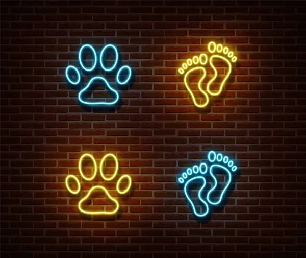 Неонові знаки слідів вектор ізольовані на цегляній стіні. Кіт, собака, людська нога друкує світлий символ, декоратор — стоковий вектор