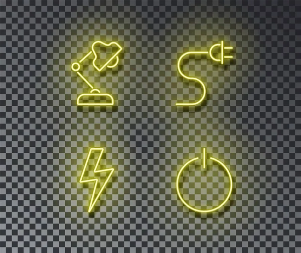 Sinais de eletricidade de néon vetor isolado na parede de tijolo. Lâmpada de luz, carga sobre, relâmpago parafuso luz sy —  Vetores de Stock
