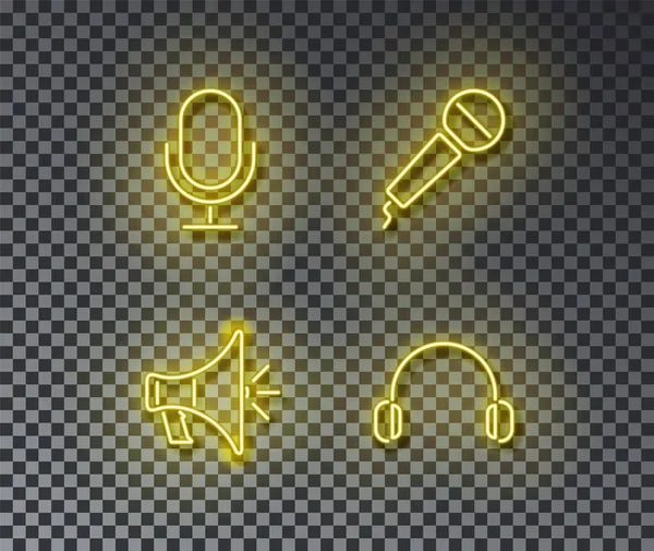 Neón signos de audio vector aislado en la pared de ladrillo. Micrófono, radio, altavoz, auricular símbolo de luz, d Vector De Stock