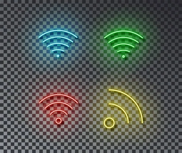 Neón signos wifi vector aislado en la pared de ladrillo. Red wi fi símbolo de luz, efecto decoración. Neón i Gráficos Vectoriales
