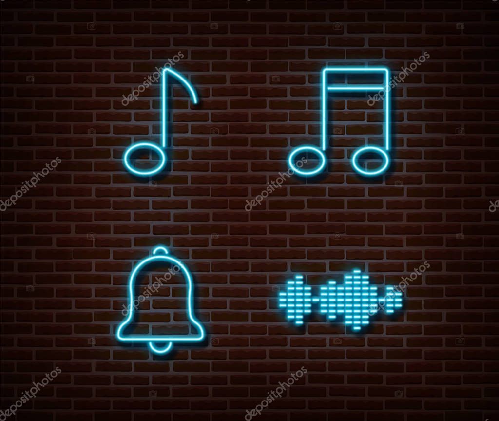 Neon music signs vector isolated on brick wall. Musik key, note, ring, equalizer light symbol, decoration effect. Neon music illustration.