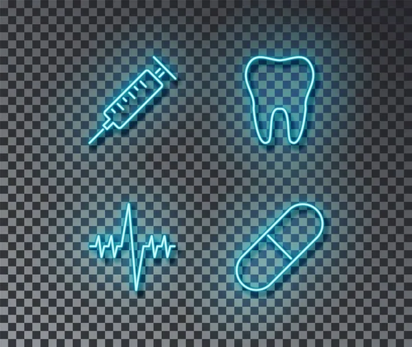 Neon geneeskunde ondertekent vector geïsoleerd op bakstenen muur. Tand, pil, cardiogram, syringelight symbool, hea — Stockvector