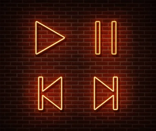 Neon jogador botão sinais vetor isolado na parede de tijolo. Jogue, pause, próximo, faixa anterior simbolizar luz —  Vetores de Stock