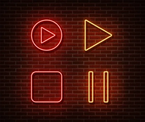 Neon jogador botão sinais vetor isolado na parede de tijolo. Jogar, parar, botão de pausa símbolo de luz, decoração —  Vetores de Stock