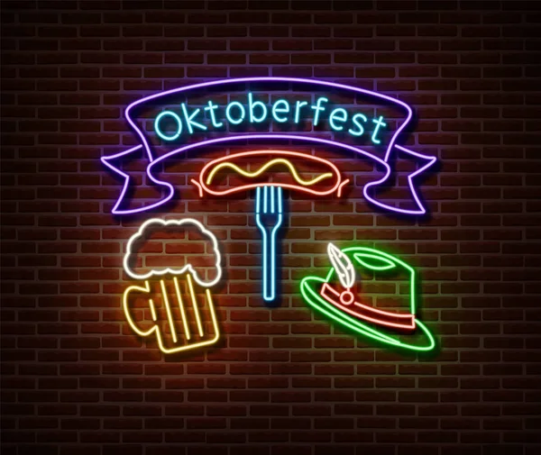 Neon Oktoberfest signe vecteur isolé sur le mur de briques. Allemagne symbole de lumière de vacances, effet de décoration de festival. Illustration du Neon Oktoberfest — Image vectorielle