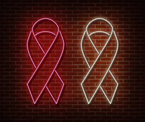 Neon borstkanker bewustzijn tekenen vector geïsoleerd op bakstenen muur. Roze lint licht symbool, LED-effect. Neon illustratie — Stockvector