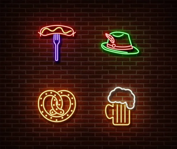 Chapéu de néon, salsicha, assar, vetor de sinais de cerveja isolado na parede de tijolo. Oktoberfest símbolo de luz, efeito de decoração. Neon oktoberfest ilustração — Vetor de Stock