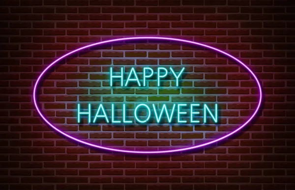 Neon Happy Halloween testo segni vettore isolato sul muro di mattoni. Festa notturna testo simbolo leggero, effetto decorazione. Neon halloween illustrazione — Vettoriale Stock