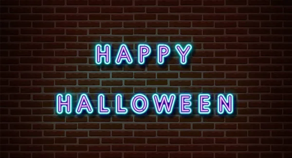 Neon Happy Halloween testo segni vettore isolato sul muro di mattoni. Festa notturna testo simbolo leggero, effetto decorazione. Neon halloween illustrazione — Vettoriale Stock