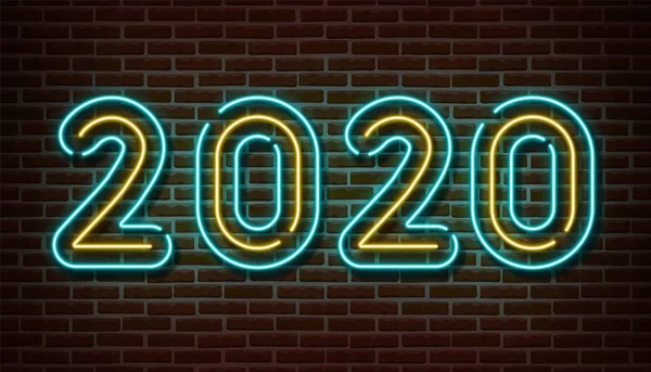 Neon 2020 new year signs vector isolated on brick wall. New year party light symbol, text decoration effect. Neon 2020 illustration — Stock Vector