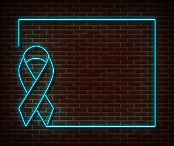 Neón azul cinta marco signos vector aislado en la pared de ladrillo. Banner de cáncer de próstata símbolo de luz, efecto de decoración de cinta. Neón próstata conciencia ilustración — Vector de stock