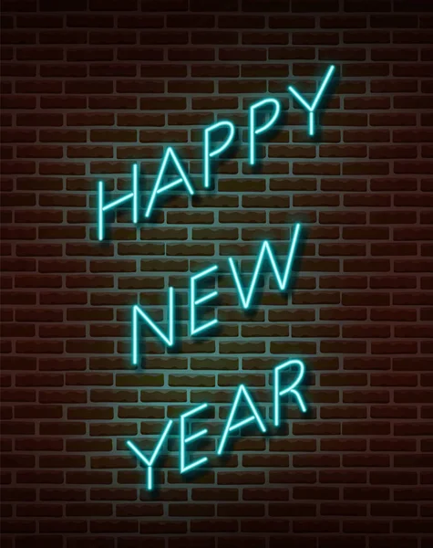 Neón Feliz Año Nuevo signos vector aislado en la pared de ladrillo. Símbolo de luz de fiesta de Año Nuevo, efecto de decoración de texto. Ilustración de neón Ilustración de stock