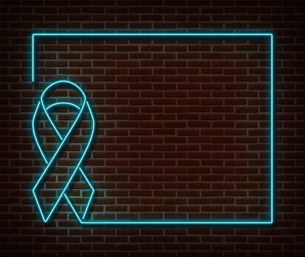 Neón azul cinta marco signos vector aislado en la pared de ladrillo. Banner de cáncer de próstata símbolo de luz, efecto de decoración de cinta. Neón próstata conciencia ilustración Vectores de stock libres de derechos