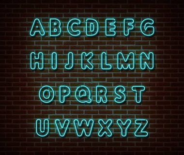 Neon mavisi alfabe tipi yazı tipi vektörü tuğla duvarda izole edilmiş. Abc tipografi harfleri ışık sembolü, dekorasyon metin efekti. Neon alfabesi yazı tipi çizimi
