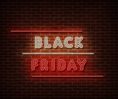 Neon Black Friday mesaj pankartı taşıyıcısı tuğla duvarda izole edilmiş. Özel fiyat ışığı simgesi, dekorasyon metni efekti. Neon Black Friday satış illüstrasyonu