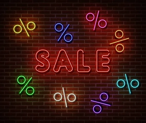 Neon sale sign vector isolated on brick wall. Special price tag light symbol, decoration effect. Neon sale banner illustration — Stock Vector