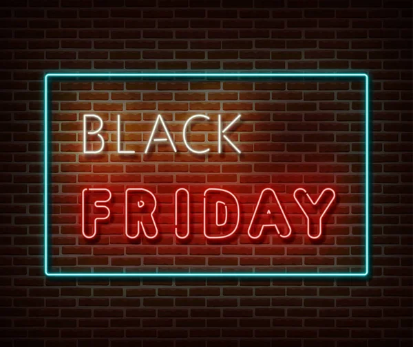 Neon Black Friday mesaj pankartı taşıyıcısı tuğla duvarda izole edilmiş. Özel fiyat ışığı simgesi, dekorasyon metni efekti. Neon Black Friday satış illüstrasyonu