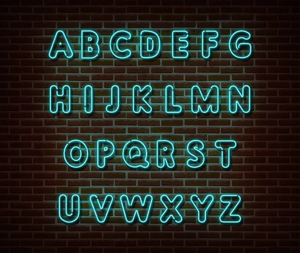 Neón azul tipo alfabeto fuente vector aislado en la pared de ladrillo. ABC tipografía letras símbolo de luz, efecto de texto de decoración. Neon alfabeto fuente ilustración Ilustraciones De Stock Sin Royalties Gratis