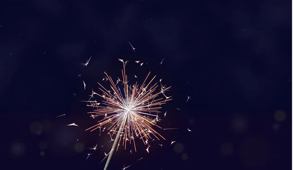 Bengálský oheň na noční obloze. Nový rok jiskřivá svíčka s hvězdami a rozmazané světlo izolované. Realistický vektorový světelný efekt. Pozadí večírku. Jiskřivý vektorový ohňostroj. Zimní vánoční dekorace ilustrace — Stockový vektor