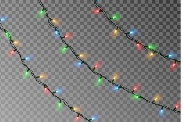 Luzes de Natal vetor corda. Decoração de efeito transparente isolada no fundo. Vetor de guirlanda de cor de Natal realista. Xmas de inverno brilho luzes corda. Ilustração de banner vetorial —  Vetores de Stock