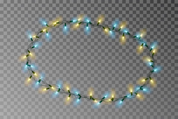 Χριστουγεννιάτικα φώτα οβάλ διάνυσμα συνόρων, φως string πλαίσιο απομονώνονται σε φόντο με αντίγραφο χώρο. Διαφανής διακοσμητική γιρλάντα. Χριστούγεννα φως roun επίδραση των συνόρων. Διακόσμηση διακοπών. Εικονογράφηση διανύσματος — Διανυσματικό Αρχείο
