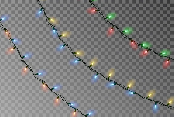 Luzes de Natal vetor corda. Decoração de efeito transparente isolada no fundo. Vetor de guirlanda de cor de Natal realista. Xmas de inverno brilho luzes corda. Ilustração de banner vetorial —  Vetores de Stock