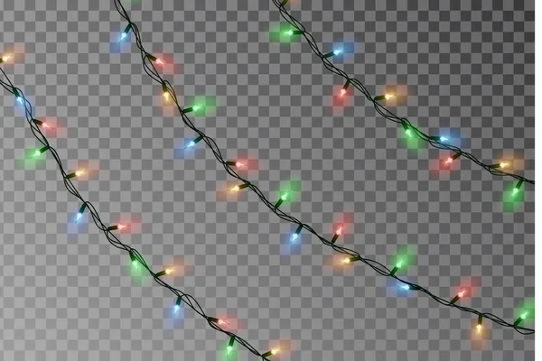 크리스마스 라이트 스트링 벡터. 투명 한 효과 장식 이 배경에 분리되어 있다. 크리스마스 색가 랜드 벡터를 사용 한다. 겨울 Xmas 반짝 이는 빛 줄. 벡터 배너 일러스트 — 스톡 벡터