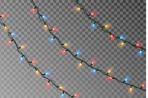 Різдвяні вогні струнний вектор. Прозора прикраса ефекту ізольована на фоні. Реалістичний вектор гірлянди різдвяного кольору. Зимові різдвяні світяться вогні струни. Векторна банерна ілюстрація — стоковий вектор
