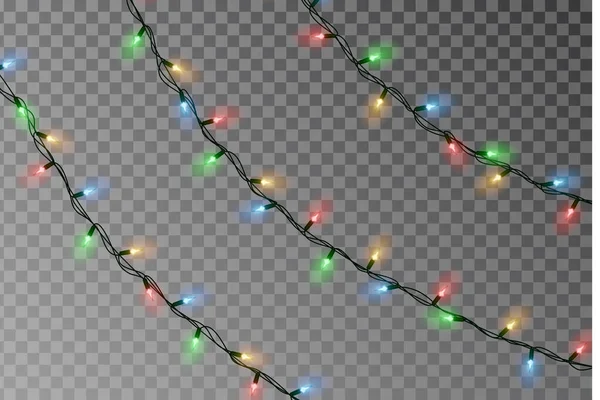 크리스마스 라이트 스트링 벡터. 투명 한 효과 장식 이 배경에 분리되어 있다. 크리스마스 색가 랜드 벡터를 사용 한다. 겨울 Xmas 반짝 이는 빛 줄. 벡터 배너 일러스트 스톡 일러스트레이션