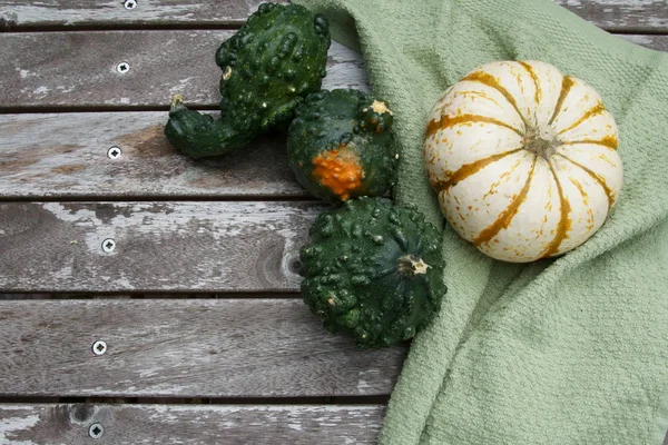 Colored Pumpkins Fall Background Copy Space Green Cloth — Stock Photo, Image