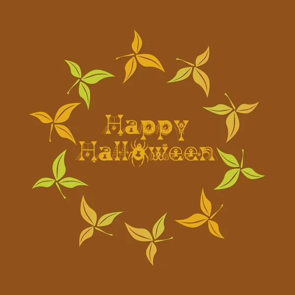 Happy Halloween text in a circle of seasonal leaves.