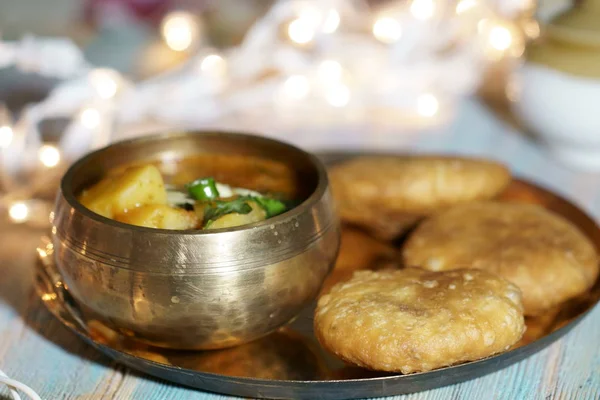 Plate Khasta Kachauri Bowl Spicy Tangy Potato Sabji Curry — Stock Photo, Image