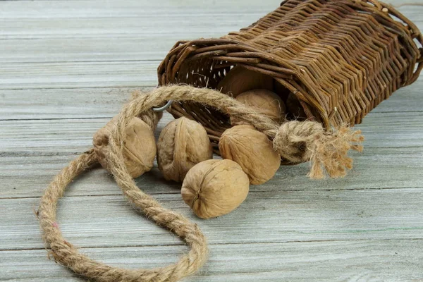 Walnuts Wooden Basket Copy Space Stock Photo