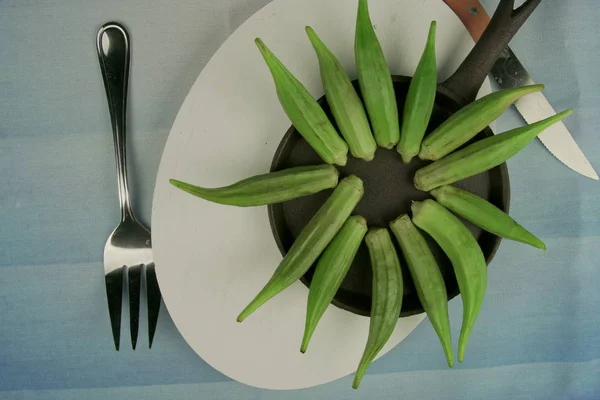 Blick Von Oben Auf Frische Grüne Okra Oder Damenfinger — Stockfoto