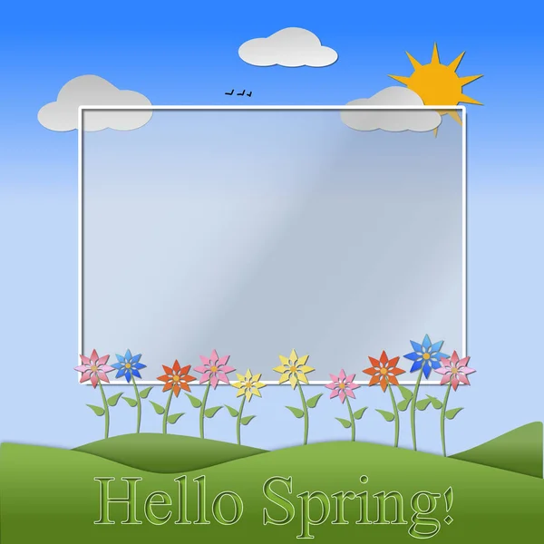 Hills Sky Sun Flowers Clouds Depicting Scene Spring Text Hello — Stock Photo, Image
