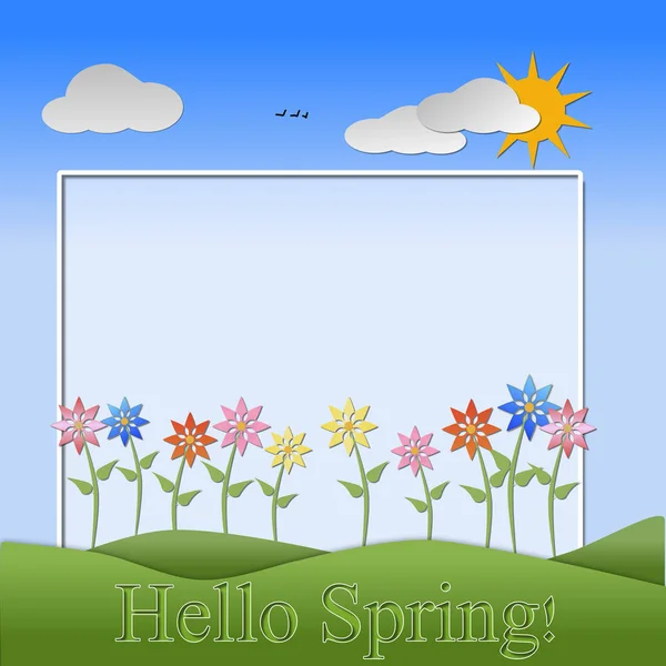 Hills Sky Sun Flowers Clouds Depicting Scene Spring Text Hello — Stock Photo, Image