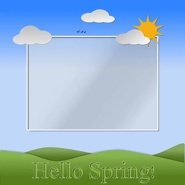 花和云彩描绘了春天的场景与文本你好春天 — 图库照片