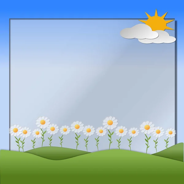 Hills, sky, sun, flowers and clouds depicting a scene of Spring with copy space for text.