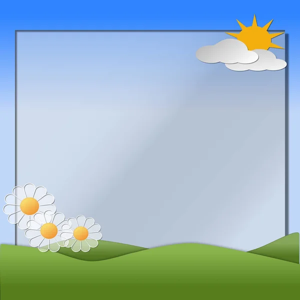 Hegyek Nap Virágok Felhők Ábrázoló Jelenet Tavasz Szöveg Másolása Szóközzel — Stock Fotó