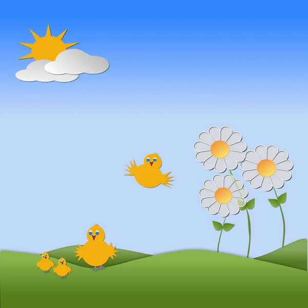 Birds with hills, sun, clouds depicting a scene of Spring season  with copy space for text.