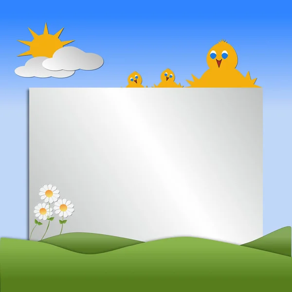 Birds with hills, sun, clouds depicting a scene of Spring season  with copy space for text.