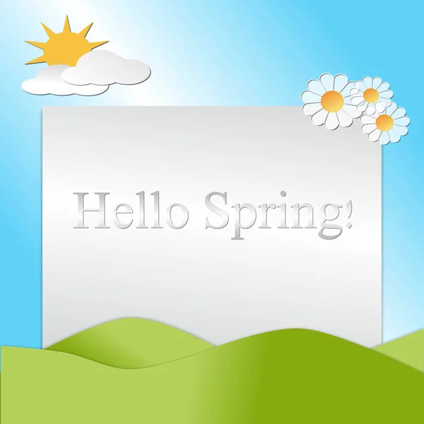 Hills Sky Sun Flowers Clouds Depicting Scene Spring Text Hello — Stock Photo, Image