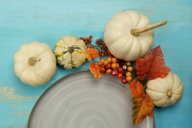 Sonbahar dekorlu ve balkabaklı bir tabak.