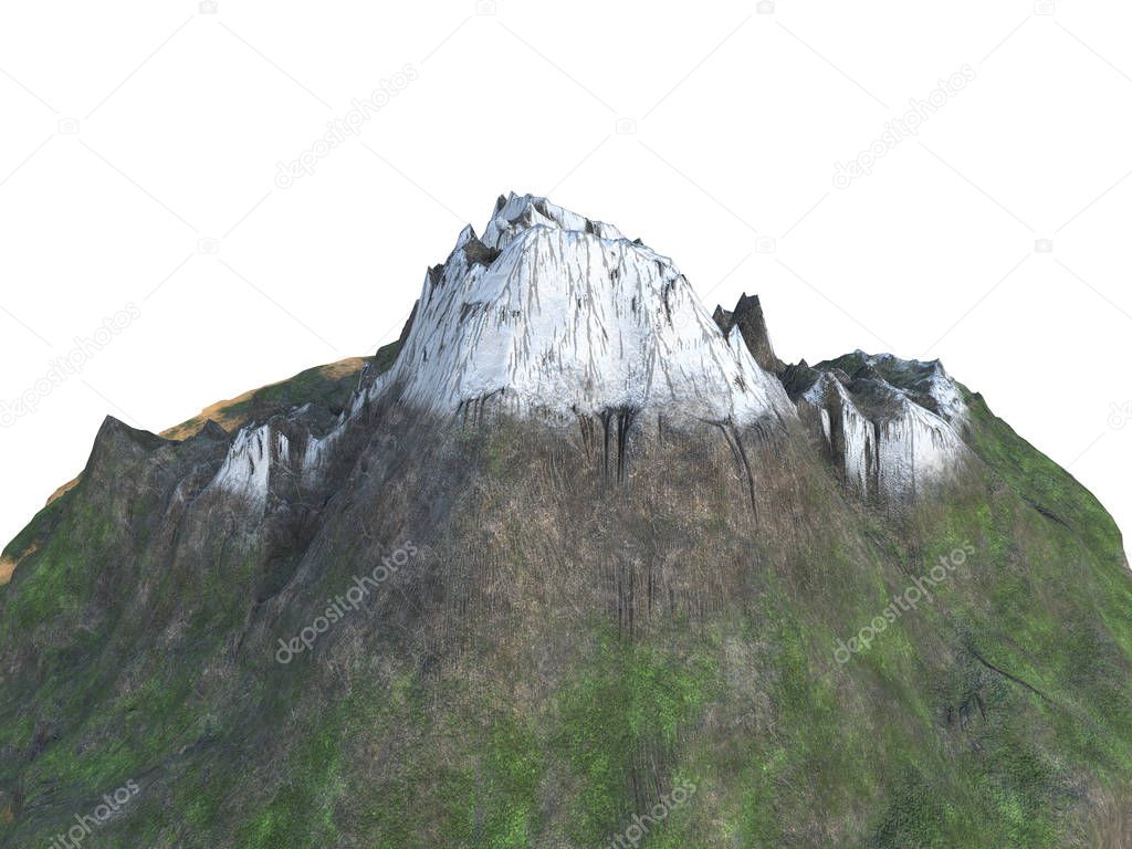 high snowy mountains on an isolated white background. 3d illustration