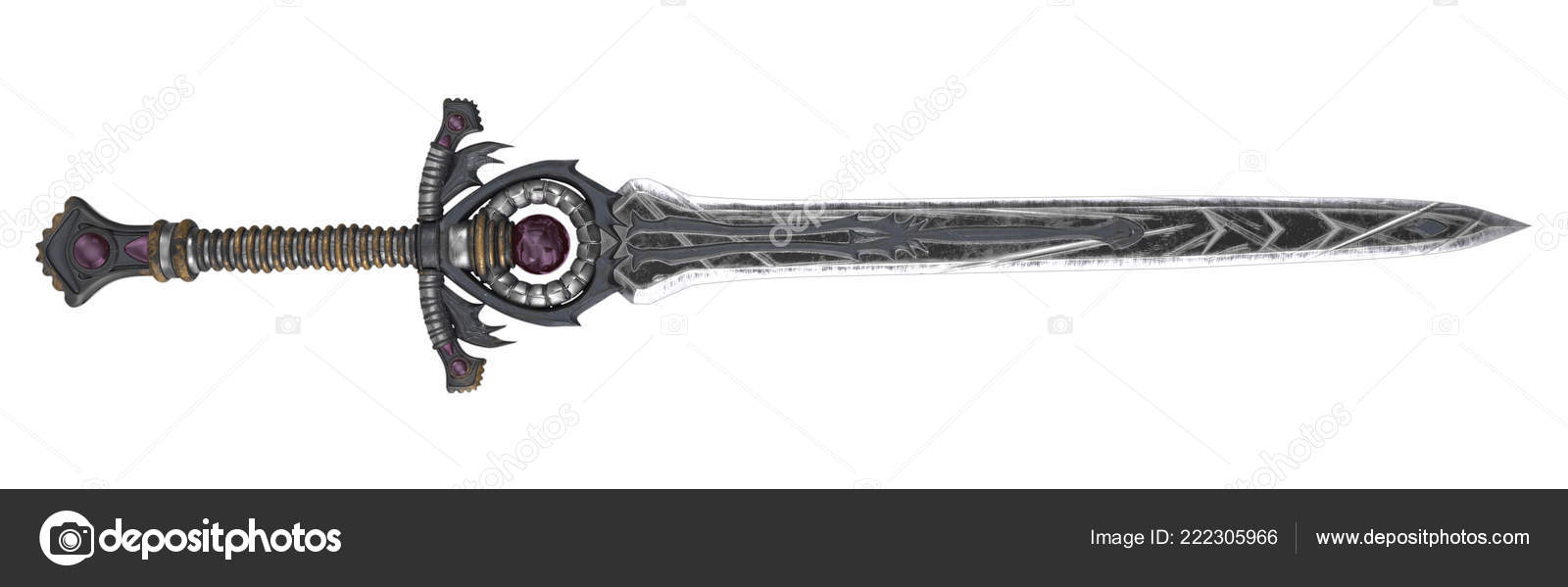 Uma espada prateada de dois gumes, de uma mão. Foi criado para defesa. A  lâmina é flexível, atualmente tem uma borda irregular e runas gravadas  nela. Tem uma guarda delicada, um cabo, image size:1600x599