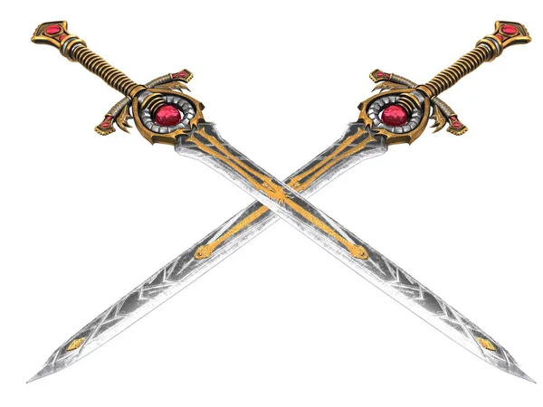 Lange fantasie zwaard met rode steen op een geïsoleerde achtergrond. 3D illustratie — Stockfoto