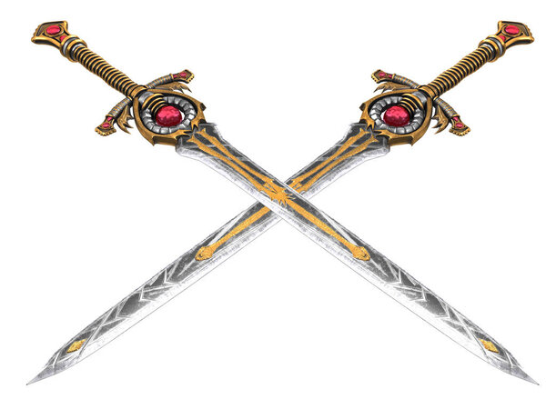 Long fantasy sword with red stone on an isolated background. 3d illustration